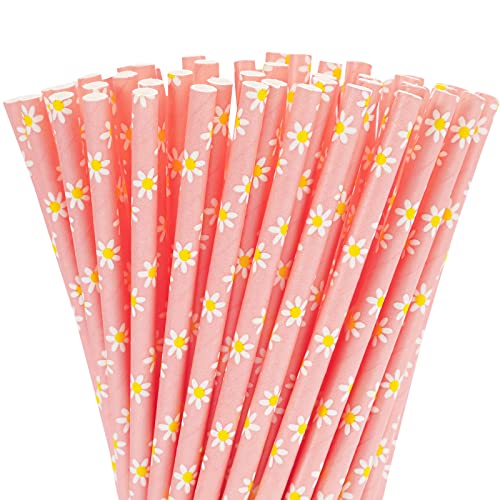 Whaline 100Pcs Daisy Flower Drinking Straws Pink Flowers Disposable Paper Straws Groovy Floral Decorative Straws for Spring Birthday Baby Shower Party Supplies Juices Shakes Cocktail Decoration