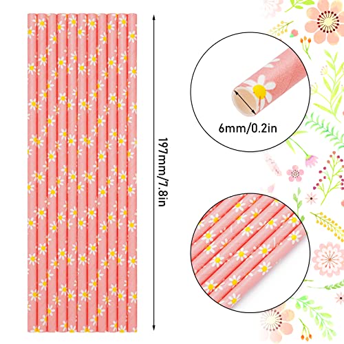 Whaline 100Pcs Daisy Flower Drinking Straws Pink Flowers Disposable Paper Straws Groovy Floral Decorative Straws for Spring Birthday Baby Shower Party Supplies Juices Shakes Cocktail Decoration