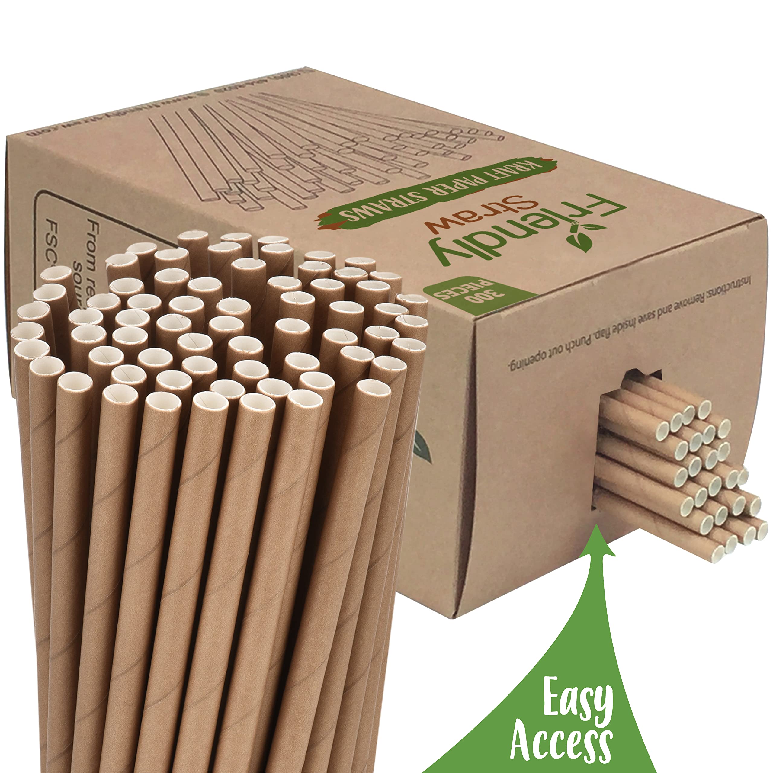 Friendly Straw 300 Pack Biodegradable Kraft Paper Straws, 7.75" x .25" Drinking Paper Straw Bulk Pack