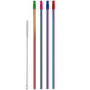 wobye 4 pack colorful stainless steel straws with silicone tips & cleaning brush, 14'' extra long 0.32'' wide reusable metal straws for 1 gallon/128 75oz large water bottle 64oz tumbler, wine bottle