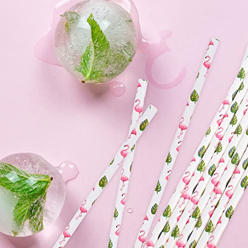 Whaline 100Pcs Summer Paper Straws Flamingo Tropical Leaves Disposable Paper Straws Hawaii Theme Decorative Straws for Summer Party Baby Shower Supplies Juices Shakes Cocktail Decoration