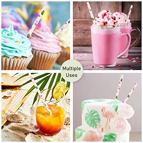 Whaline 100Pcs Summer Paper Straws Flamingo Tropical Leaves Disposable Paper Straws Hawaii Theme Decorative Straws for Summer Party Baby Shower Supplies Juices Shakes Cocktail Decoration