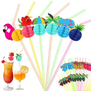 weewooday 200 pcs hawaiian drinking straws for luau party tropical cocktail disposable straws bendable straws flamingo umbrella straws for hawaiian pool beach flamingo party decorations