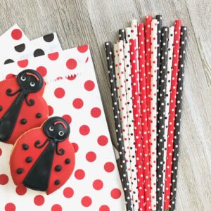 Paper Drinking Straws - Black Red and White Polka Dot - Ladybug Theme - 7.75 x .25 Inches - 100 Pack - Outside the Box Papers Brand