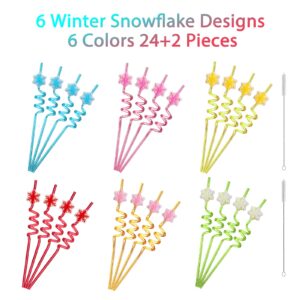 24 Reusable Snowflake Straws for Snowflake Winter Party Supplies Favors Wonderland Frozen Birthday - Christmas Gift with 2 Cleaning Brushes