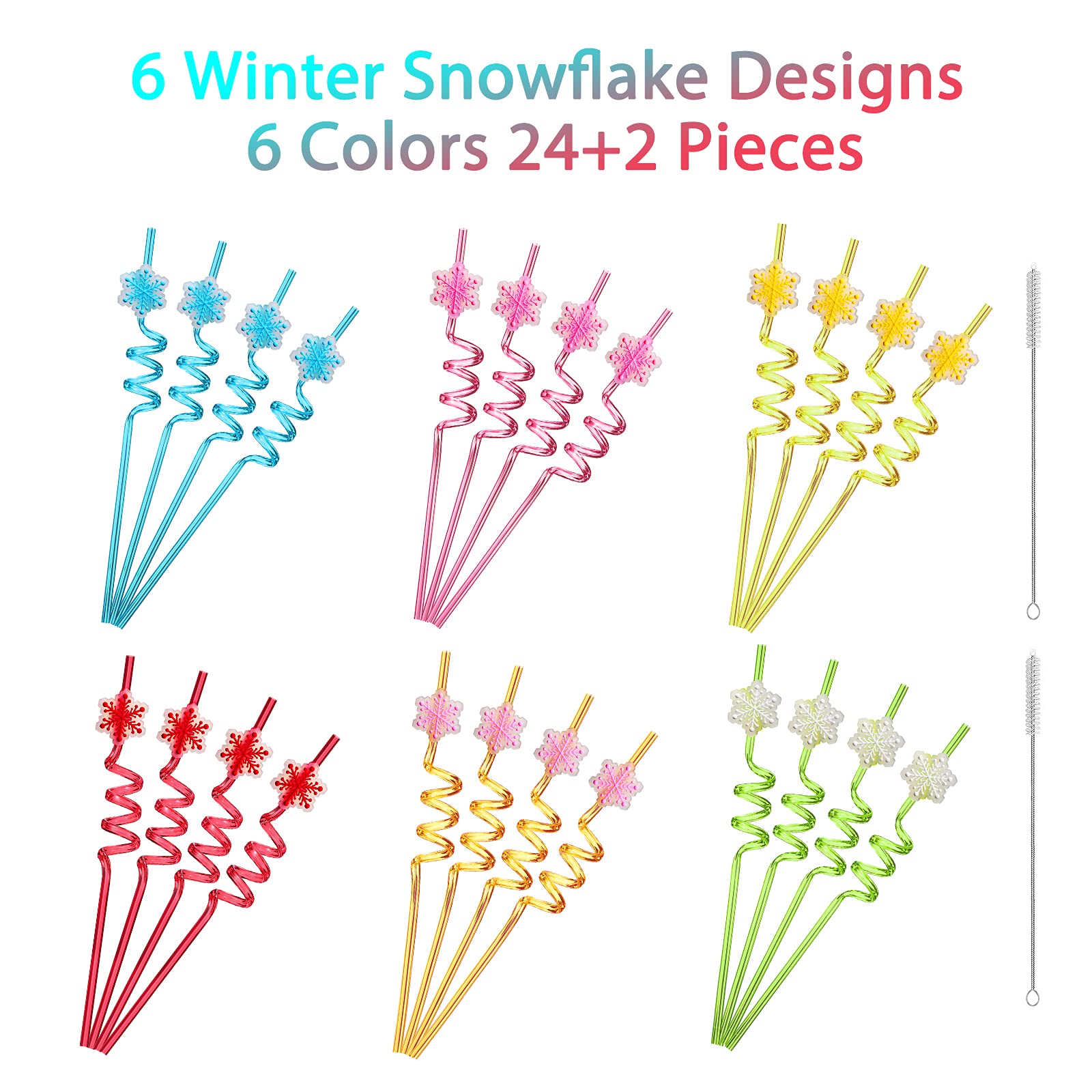 24 Reusable Snowflake Straws for Snowflake Winter Party Supplies Favors Wonderland Frozen Birthday - Christmas Gift with 2 Cleaning Brushes