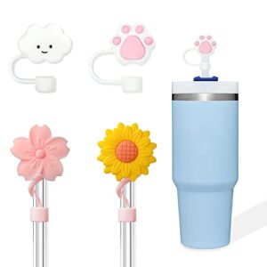 cyuhpye 2pcs 8mm straw caps + 2pcs 9.5mm straw covers for stanley 40 oz 30 oz 20 oz, silicone flower straw covers cap tip protector cloud straw topper for stanley cups