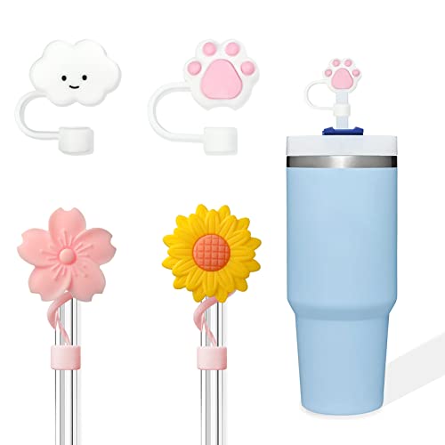 CYUHPYE 2PCS 8MM Straw Caps + 2PCS 9.5MM Straw Covers for Stanley 40 oz 30 oz 20 oz, Silicone Flower Straw Covers Cap Tip Protector Cloud Straw Topper for Stanley Cups