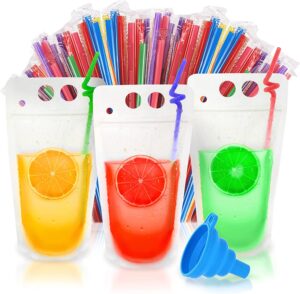 utile clear 100 pcs drink pouches 12 oz for adults and kids with individually wrapped straws, reclosable zipper smoothie juice pouches – hand held translucent bag funnel included