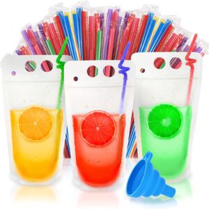 UTILE Clear 100 PCS Drink Pouches 12 oz for Adults and Kids with Individually Wrapped Straws, Reclosable Zipper Smoothie Juice pouches – Hand Held Translucent Bag Funnel Included