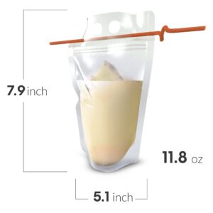 UTILE Clear 100 PCS Drink Pouches 12 oz for Adults and Kids with Individually Wrapped Straws, Reclosable Zipper Smoothie Juice pouches – Hand Held Translucent Bag Funnel Included