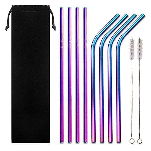 8 Stainless Steel Straws Rainbow - 4 Bent & 4 Straight 6mm Straws with 2 Cleaning Brushes - Non-Toxic & BPA Free Reusable Straws for Everyday Use