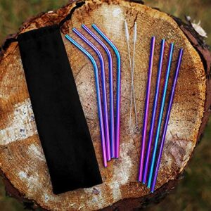 8 Stainless Steel Straws Rainbow - 4 Bent & 4 Straight 6mm Straws with 2 Cleaning Brushes - Non-Toxic & BPA Free Reusable Straws for Everyday Use