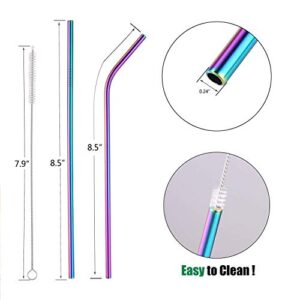 8 Stainless Steel Straws Rainbow - 4 Bent & 4 Straight 6mm Straws with 2 Cleaning Brushes - Non-Toxic & BPA Free Reusable Straws for Everyday Use