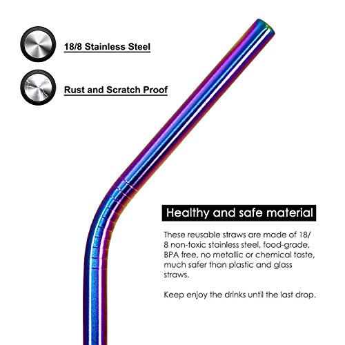 8 Stainless Steel Straws Rainbow - 4 Bent & 4 Straight 6mm Straws with 2 Cleaning Brushes - Non-Toxic & BPA Free Reusable Straws for Everyday Use