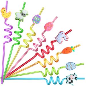 24 easter party favors easter eggs bunny carrot chicken cow sheep drinking straws for kids easter gifts,easter party supplies decorations with 2 pcs straws cleaning brush