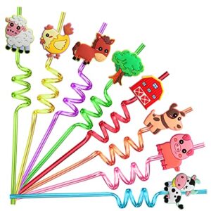 afzmon 24 pcs farm aminal drinking straws reusable plastic beverages cocktail straw with cartoon decoration for kids farm animal birthday party supplies favors,8 styles