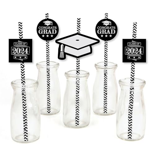 Big Dot of Happiness Graduation Cheers Paper Straw Decor - 2024 Graduation Party Striped Decorative Straws - Set of 24