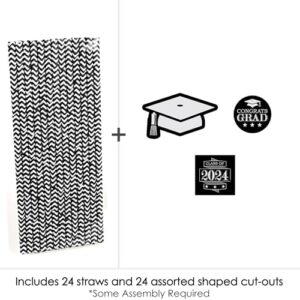 Big Dot of Happiness Graduation Cheers Paper Straw Decor - 2024 Graduation Party Striped Decorative Straws - Set of 24