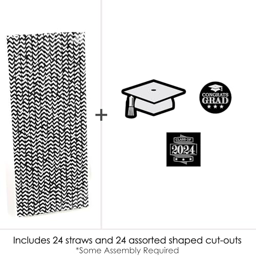 Big Dot of Happiness Graduation Cheers Paper Straw Decor - 2024 Graduation Party Striped Decorative Straws - Set of 24