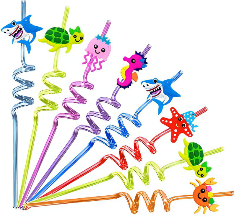 24 Under the Sea Party Favors Sea Animal Drinking Straws Party Birthday Supplies Gifts for Kids Sea Creature Ocean Mermaid Theme Party Supplies for Goodie Bags 6 Styles, 8 Colors