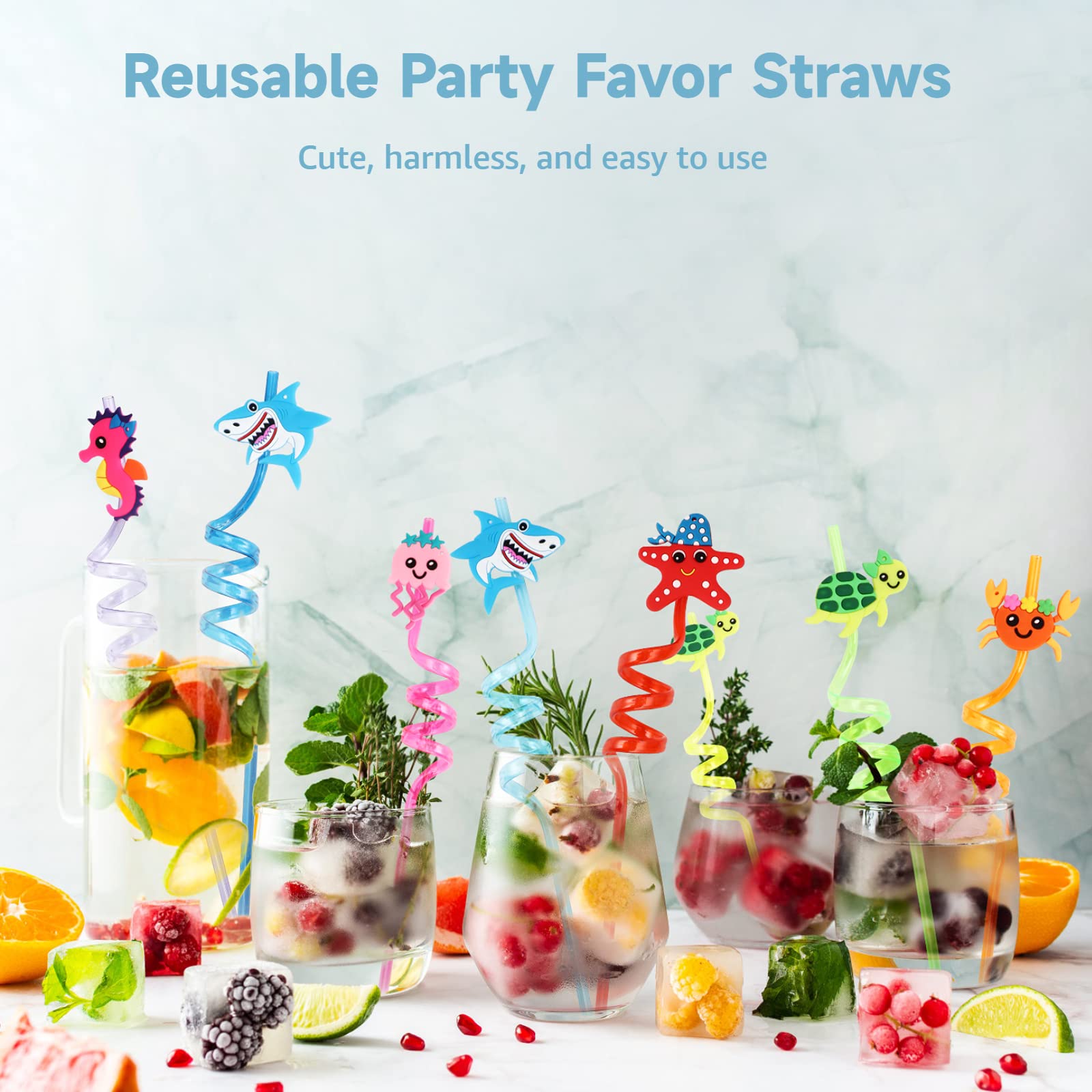 24 Under the Sea Party Favors Sea Animal Drinking Straws Party Birthday Supplies Gifts for Kids Sea Creature Ocean Mermaid Theme Party Supplies for Goodie Bags 6 Styles, 8 Colors