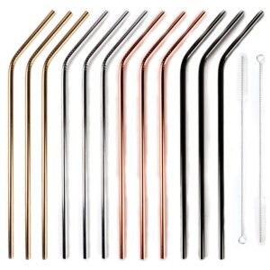 12+2 pcs reusable stainless steel straws, metal straws, 4 colors gold, silver, rose gold & black - 20 oz and 30 oz tumblers straws (bent)