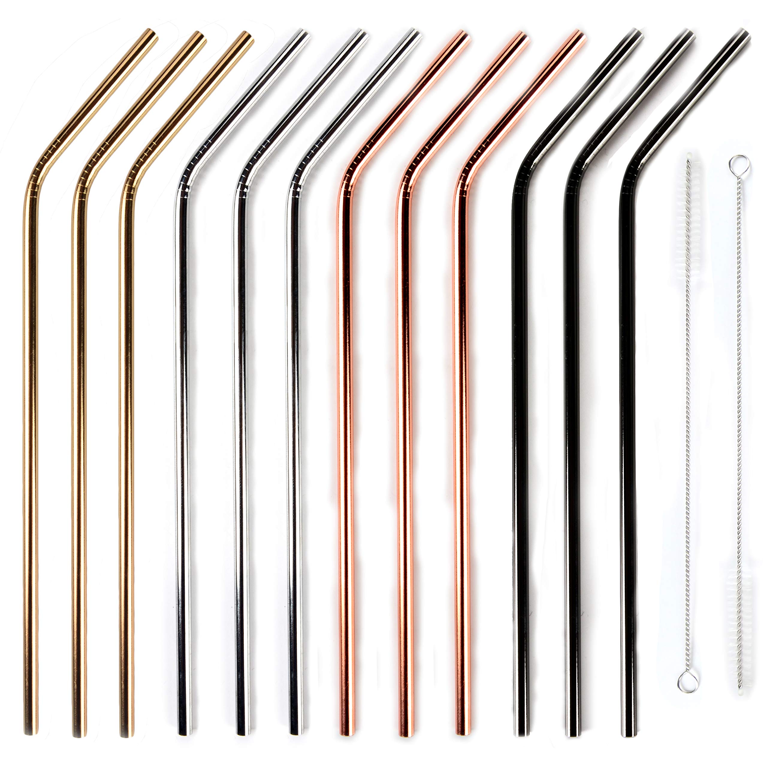 12+2 Pcs Reusable Stainless Steel Straws, Metal Straws, 4 Colors Gold, Silver, Rose Gold & Black - 20 oz and 30 oz Tumblers Straws (Bent)