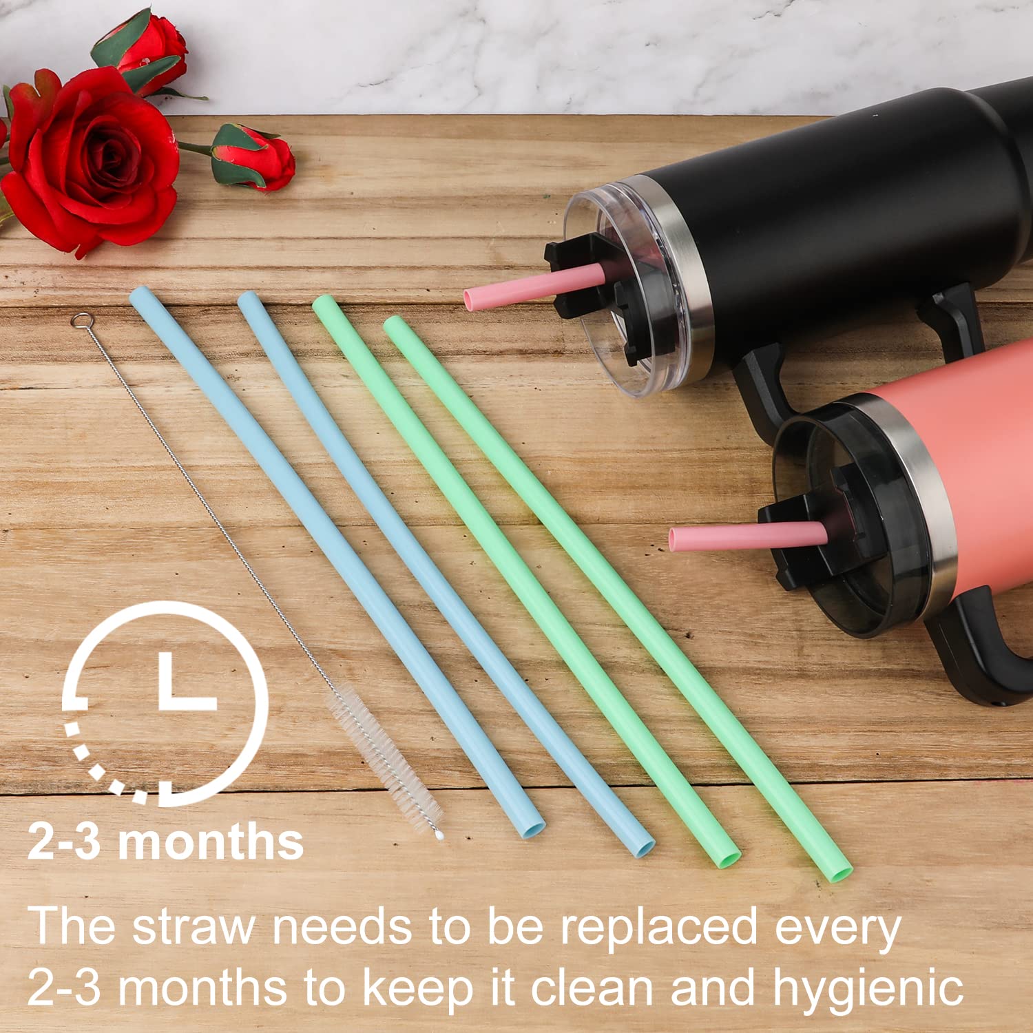 6pcs Replacement Straws for Stanley Adventure Travel Tumbler 40oz, with Cleaning Brush Silicone Replacement Straw Reusable Plastic Straws for Stanley Cup 40 oz Water Jugs (Blue, Pink, Green)