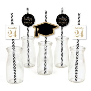 big dot of happiness gold 2024 graduation paper straw decor - party striped decorative straws - set of 24