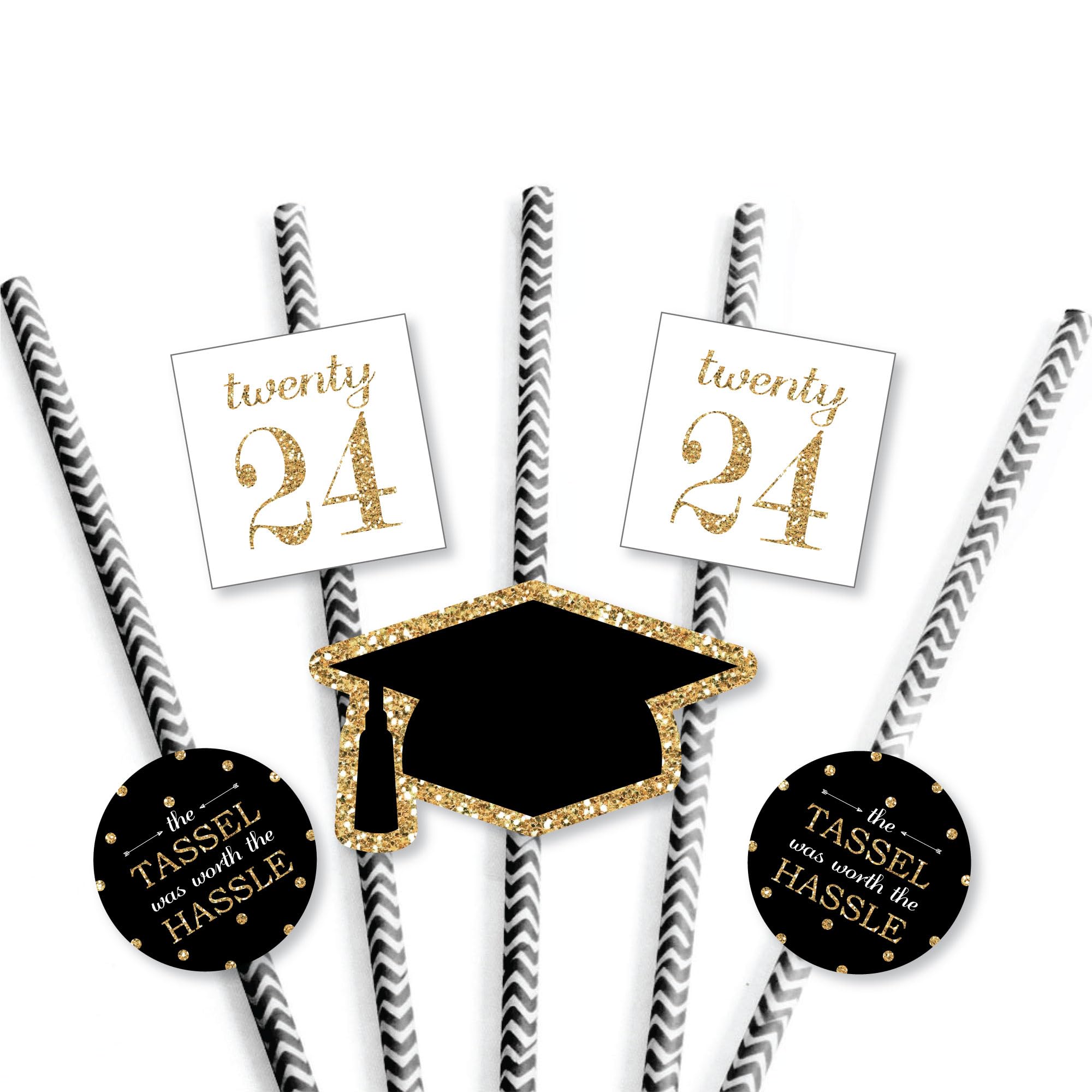 Big Dot of Happiness Gold 2024 Graduation Paper Straw Decor - Party Striped Decorative Straws - Set of 24