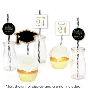 Big Dot of Happiness Gold 2024 Graduation Paper Straw Decor - Party Striped Decorative Straws - Set of 24