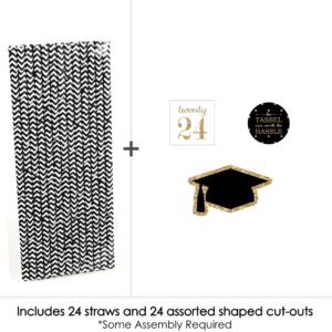 Big Dot of Happiness Gold 2024 Graduation Paper Straw Decor - Party Striped Decorative Straws - Set of 24