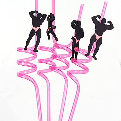 Bachelorette Party Decorations Naughty Straws – Pack of 12 – Plastic Glass Straws –Pink Swirls Stripper Dancing Men Straws - Bridal Shower Supplies - Bride To Be Favors