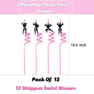 Bachelorette Party Decorations Naughty Straws – Pack of 12 – Plastic Glass Straws –Pink Swirls Stripper Dancing Men Straws - Bridal Shower Supplies - Bride To Be Favors