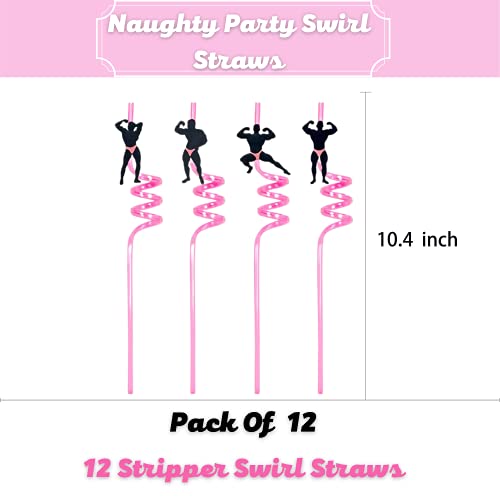 Bachelorette Party Decorations Naughty Straws – Pack of 12 – Plastic Glass Straws –Pink Swirls Stripper Dancing Men Straws - Bridal Shower Supplies - Bride To Be Favors