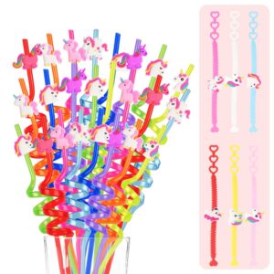 24 reusable drinking plastic straws + 6 temporary tattoos or 6 silicone bracelets for girls and boys birthday party decorations with unicorn,mermaid,or dinosoaur,plus 1 cleaning brush