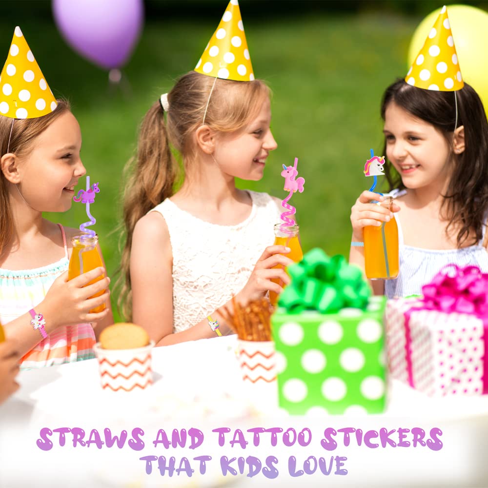 24 Reusable Drinking Plastic Straws + 6 Temporary Tattoos or 6 Silicone bracelets for Girls and Boys Birthday Party Decorations with Unicorn,Mermaid,or Dinosoaur,plus 1 Cleaning Brush