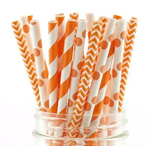 autumn fall party straws, orange & white straws, paper wedding straws, mason jar party supplies (75 pack) - fall orange striped, polka dot & chevron straws