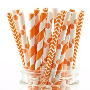 Autumn Fall Party Straws, Orange & White Straws, Paper Wedding Straws, Mason Jar Party Supplies (75 Pack) - Fall Orange Striped, Polka Dot & Chevron Straws