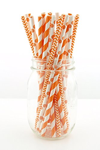 Autumn Fall Party Straws, Orange & White Straws, Paper Wedding Straws, Mason Jar Party Supplies (75 Pack) - Fall Orange Striped, Polka Dot & Chevron Straws