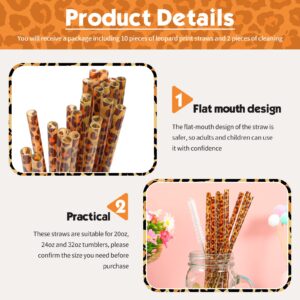 10 Pieces Tall Leopard Print Plastic Straws Set Cheetah Leopard Reusable Straws Safari Themed Disposable Drinking Straws with 2 Cleaning Brushes Fits 20oz, 22oz, 32oz Tumblers