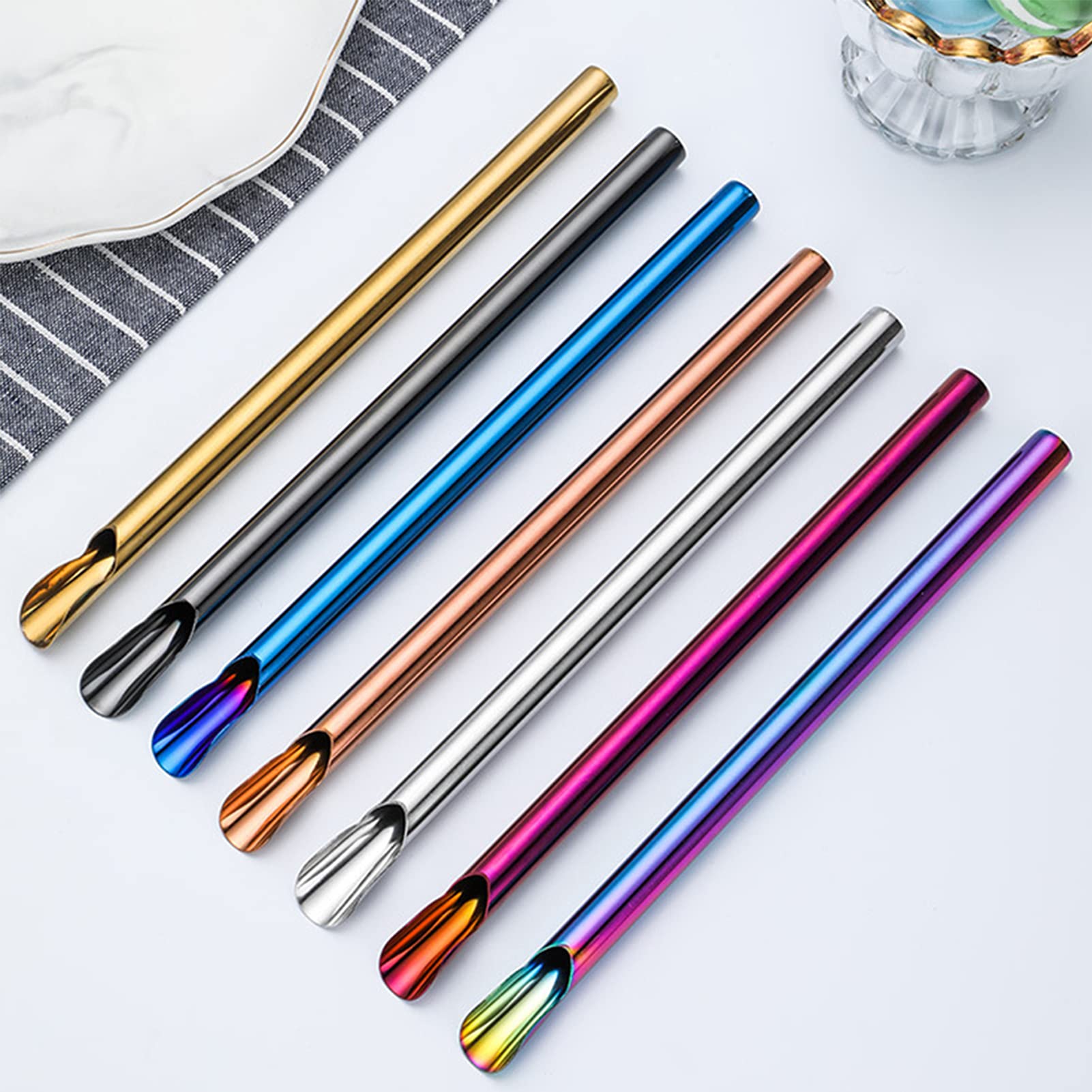 EORTA 7 Pcs/Set Drinking Spoon Straws Stainless Steel Two-In-One Reusable Stirring Spoon Wide Opening 0.4 inch Smoothie Straws Kitchen Utensil for Juice Soups Milkshake Smoothies Ice Cream, 7 Colors