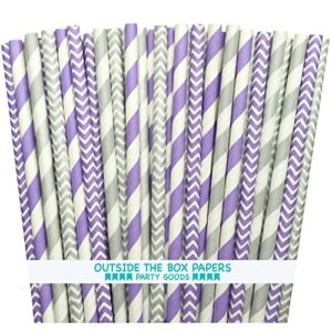 outside the box papers lavender/lilac and silver stripe and chevron paper straws 7.75 inches 100 pack lilac, white