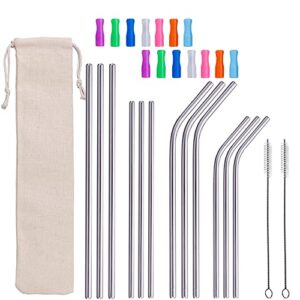 12-pack reusable 18/10 stainless steel metal straws with silicone tips & cleaning brush, suotarn long drinking straws for 20 24 30 oz coffee tumbler travel mug cup, dishwasher safe, silver