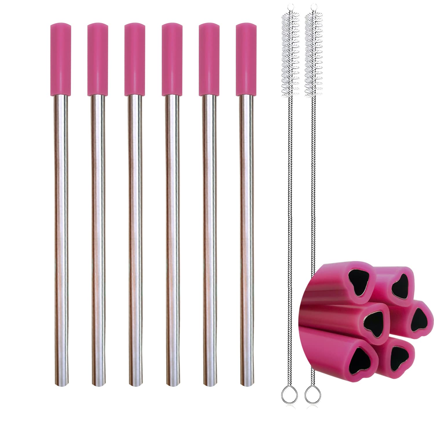 Amsthow Cute Metal Straws 6Pcs Heart Shaped Straws Reusable Stainless Steel Straw with Silicone Tip and Cleaning Brushes for Shakes, Drinking (Silver)