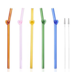 kitchnacc reusable glass drinking straws with cute heart design 8.5"*8mm for fun drinking cocktail valentine birthday party bridal shower wedding supplies - amber, pink, yellow, green, blue - 5 pack