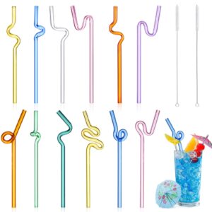 yinkin 12 pcs wavy glass straw curved reusable glass straws multicolor clear silly straws tea with 2 cleaning brushes for kids, drinking, beverages, coffee, smoothies, juice, water