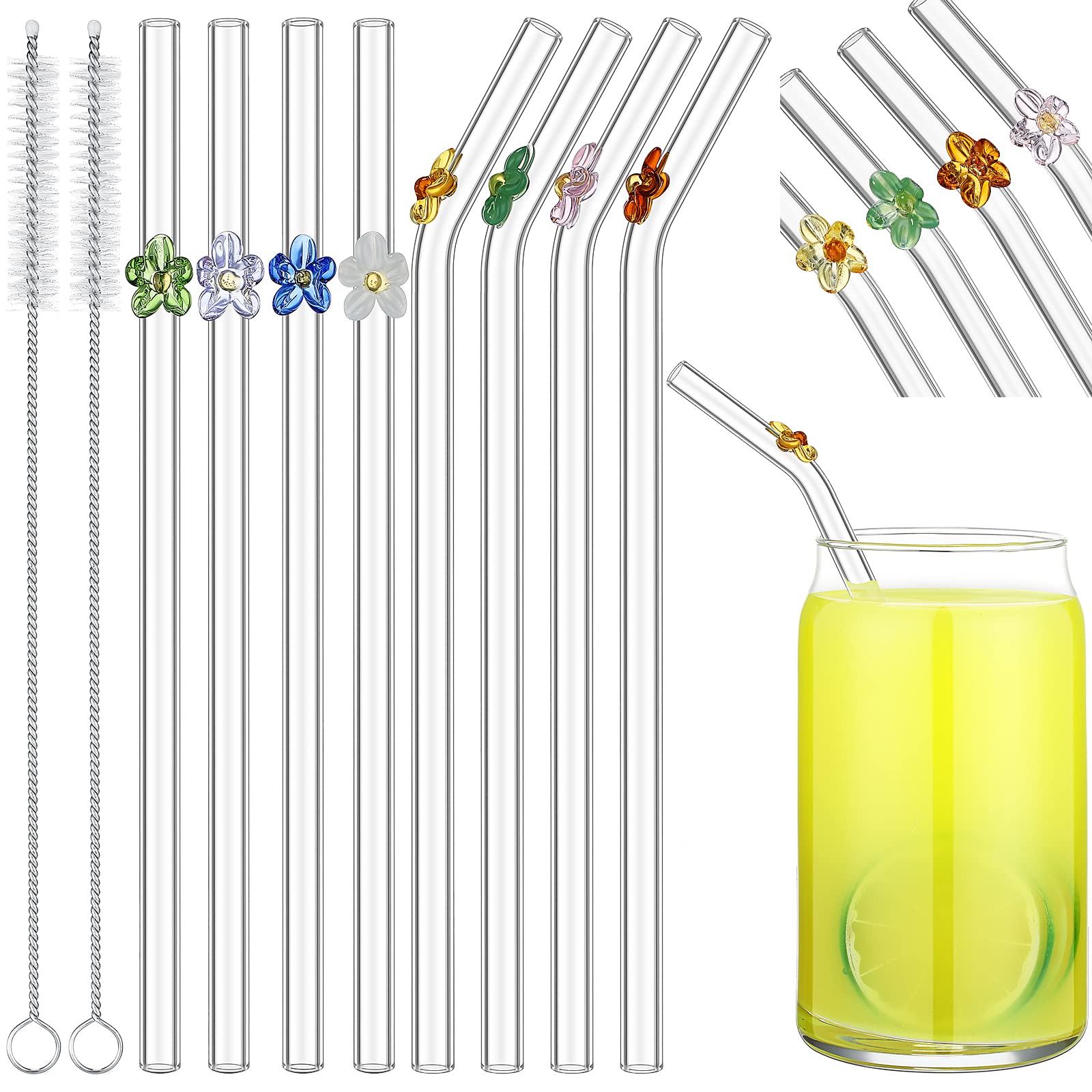 Colorful Flower Shatter Resistant Bend Glass Drinking Straws Smoothie Straws for Milkshakes 7.8 x 3 Inch Glass Straws with Cleaning Brush Clear Reusable Straws Long Glass Straws for Drink (8)