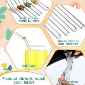 Colorful Flower Shatter Resistant Bend Glass Drinking Straws Smoothie Straws for Milkshakes 7.8 x 3 Inch Glass Straws with Cleaning Brush Clear Reusable Straws Long Glass Straws for Drink (8)